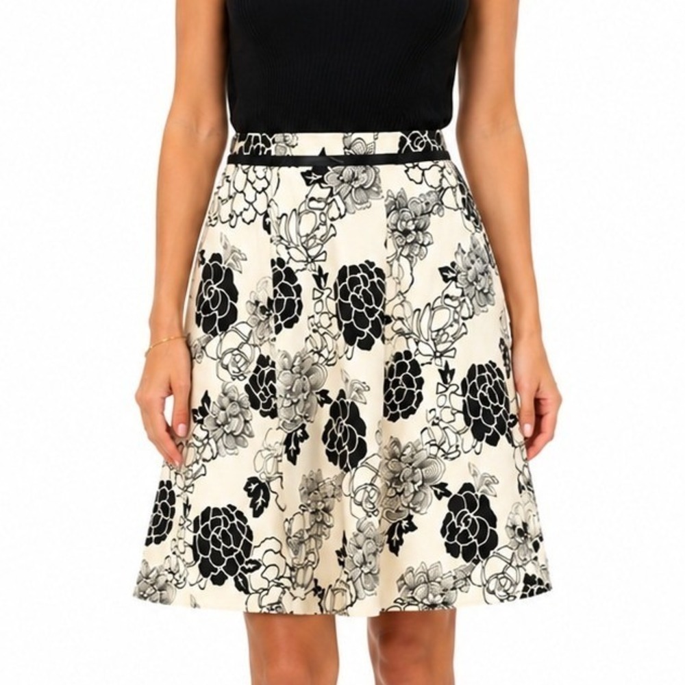 Notations Floral Satin A-Line Skirt M Cream Black Ribbon Trim New Wedding Wear